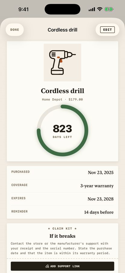 Item detail — a countdown ring, the receipt, and the claim kit