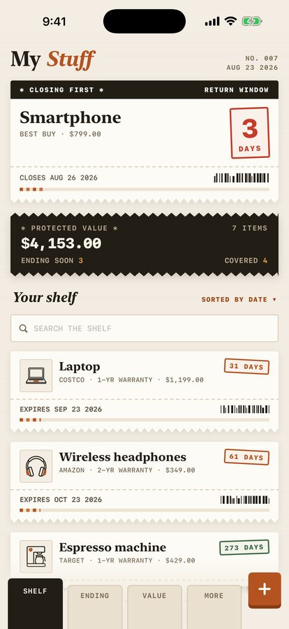 Warranty Tracker home screen: a protected value of $4,153.00 across seven items, above a shelf of receipts, each with a days-left stamp