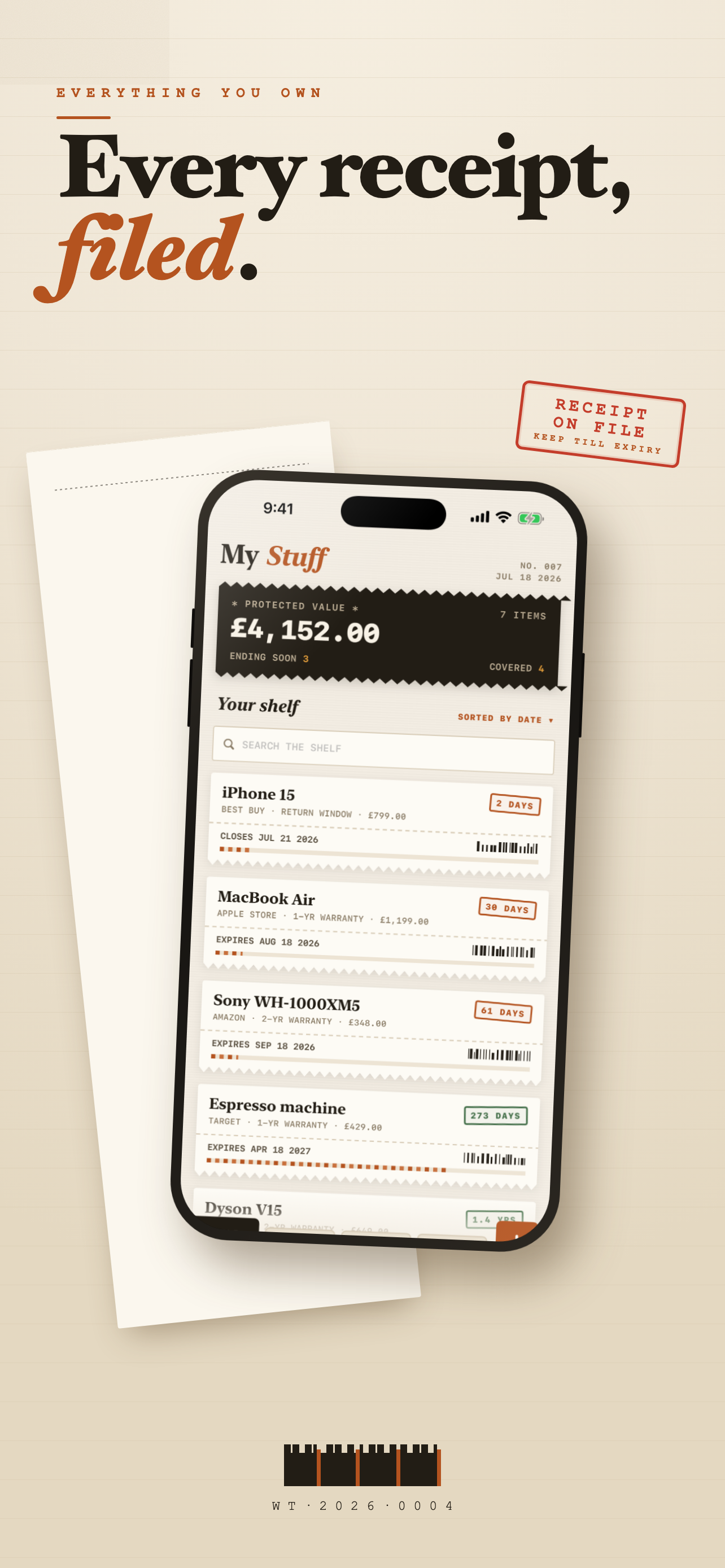 Warranty Tracker home screen — a shelf of receipts